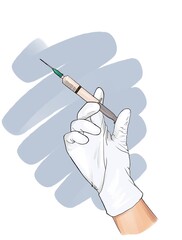 Hand with injection syringe. Colorful illustration in engraving technique of doctor hand in glove with medical injection syringe.