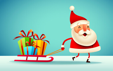 Santa Claus pulling a sled with Christmas gift box presents