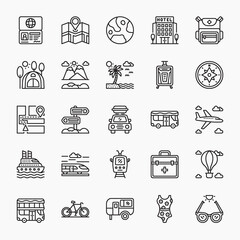 Icon Set of Travel. Outline Black icons vector. Contains such of passport, world, transportation, map location, tent, beach, mountain, compass and more. You can use for web, app and more.