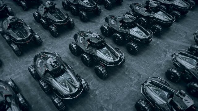 Futuristic military tanks in military base. Realistic 4k animation.