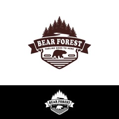 Forest Bear Retro Logo With Trees And River