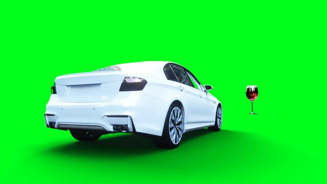 white generic 3d car crashes into alcholol bottle. Sober driver concept. Green screen 4k animation.