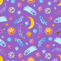 Seamless watercolor pattern with stars, moon, meteors, asteroids and planets on a purple background. Cute baby space print.