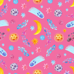 Seamless watercolor pattern with stars, moon, meteors, asteroids and planets on a pink background. Cute baby space print.