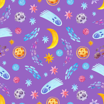 Seamless watercolor pattern with stars, moon, meteors, asteroids and planets on a purple background. Cute baby space print. © Maria Kviten
