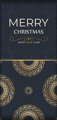 Happy new year greeting card in dark blue color with winter gold pattern