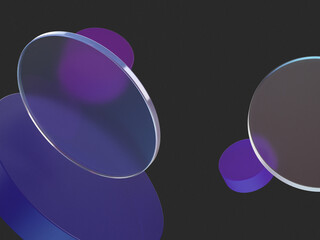3D rendered round shapes in semi-transparent material on a dark background. Illustration of abstract cubes, geometry, or minimalism. Visualization of illusion and backgrounds.