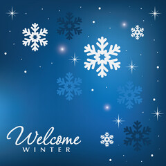 Blue winter greeting card abstract snowfall background.