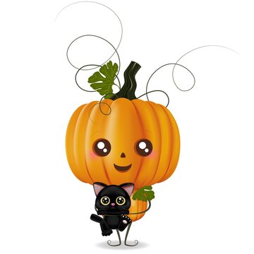 pumpkin man holding a black cat in his arms