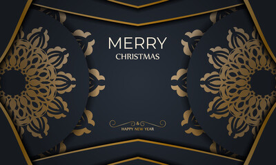 Holiday card Merry Christmas and Happy New Year in dark blue color with vintage gold pattern