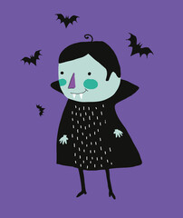 Cute Halloween Vector Illustration. Infantile Style Halloween Party Print with Funny Vampire and Flying Bats Isolated on a Violet Background. Halloween Print Ideal for Card, Wall Art, Poster.