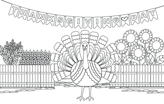 Coloring book with a turkey, a vegetable garden for Thanksgiving. Black and white vector illustration with a closed contour.