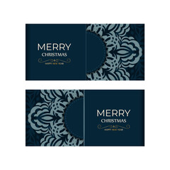 Holiday card Merry christmas in dark blue color with luxury blue ornaments