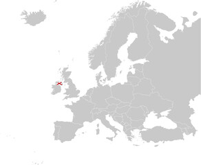 Map of North Ireland with national flag on Gray map of Europe	
