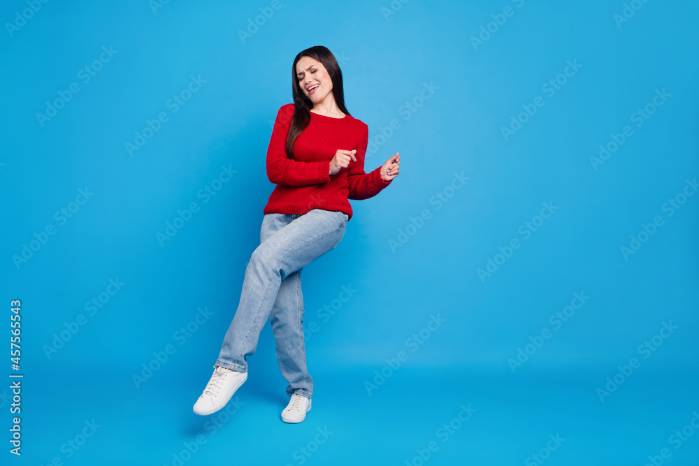 Sticker full length body size view of lovely cheerful dreamy woman dancing good mood isolated over bright bl