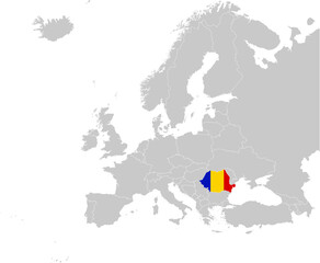 Map of Romania with national flag on Gray map of Europe	
