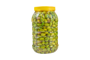  Homemade traditional crushed green olives in brine, isolated on white background.