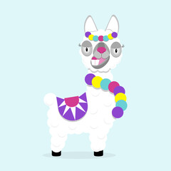 Funny lama alpaca on blue background. Flat image of cute and funny animal.