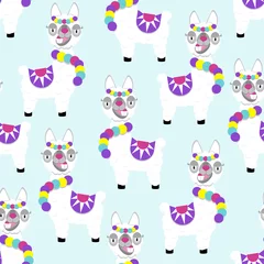 Poster Speelgoed Patroon van grappige lama alpaca op blauwe achtergrond. Platte afbeelding van schattig en grappig dier.