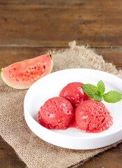 Sorbet jambu biji or guava sorbet is made from frozen red guava which is mashed.