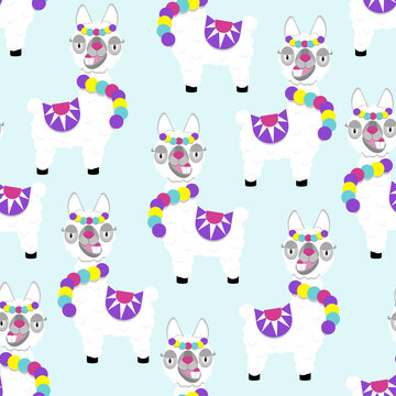 Pattern of funny lama alpaca on blue background. Flat image of cute and funny animal.