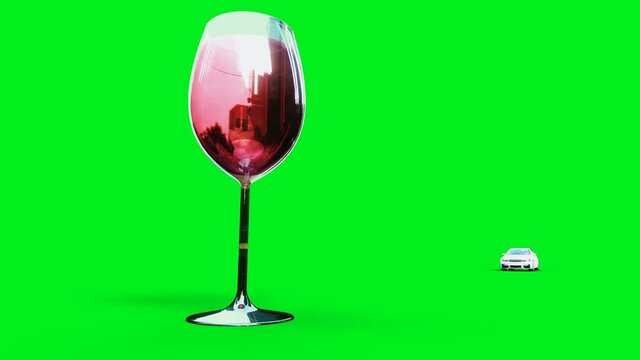 white generic 3d car crashes into alcholol bottle. Sober driver concept. Green screen 4k animation.
