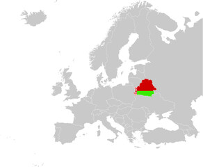 Map of Belarus with national flag on Gray map of Europe	
