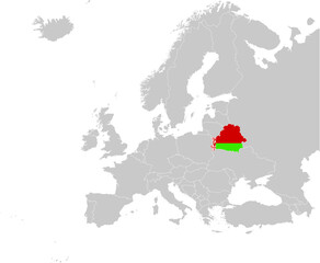 Fototapeta premium Map of Belarus with national flag on Gray map of Europe 
