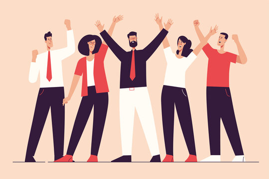 Vector Illustration Depicting A Group Of Business People Celebrating The Success. Editable Stroke