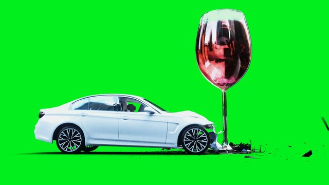 white generic 3d car crashes into alcholol bottle. Sober driver concept. Green screen 4k animation.