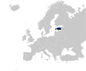 Map of Estonia with national flag on Gray map of Europe	
