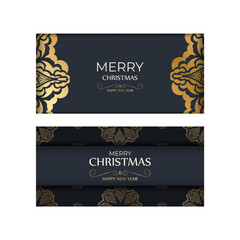 Merry christmas and happy new year flyer in dark blue color with vintage gold ornament