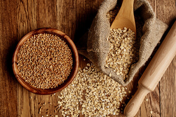 wooden tableware cereals products view from above