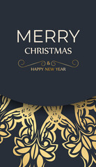 Merry christmas and happy new year flyer in dark blue color with vintage gold ornament