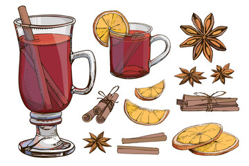 Mulled wine clipart vector set. Hot winter drinks. Christmas beverage. Popular drink for autumn fall new year holidays. Isolated illustrations. Anise star cinnamon