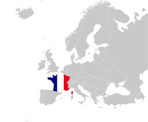 Map of France with national flag on Gray map of Europe	
