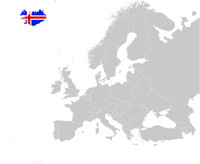 Map of Iceland with national flag on Gray map of Europe
