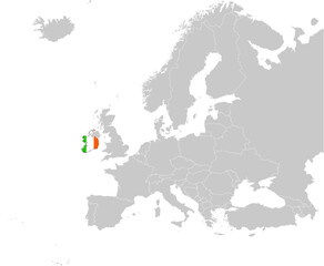 Map of Republic of Ireland with national flag on Gray map of Europe	
