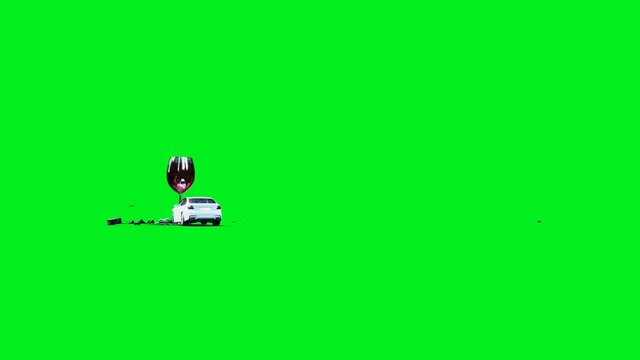 white generic 3d car crashes into alcholol bottle. Sober driver concept. Green screen 4k animation.