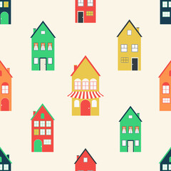 Colored houses on the streets of the city. Seamless modern pattern for trendy fabrics, wrapping paper, decorative pillows. Vector.