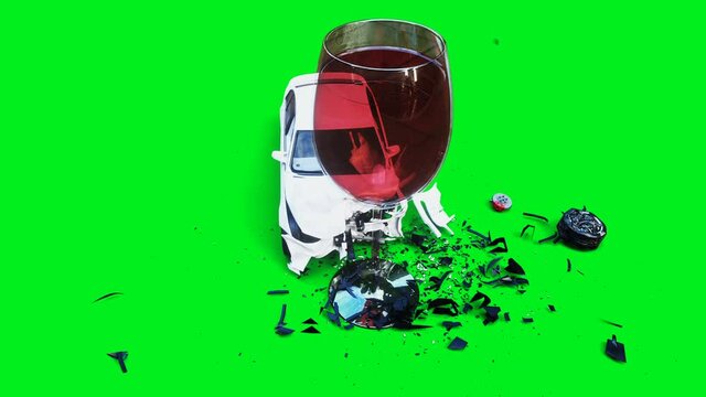white generic 3d car crashes into alcholol bottle. Sober driver concept. Green screen 4k animation.