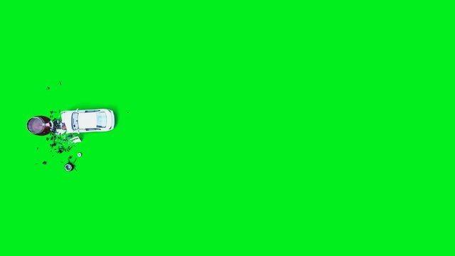 white generic 3d car crashes into alcholol bottle. Sober driver concept. Green screen 4k animation.