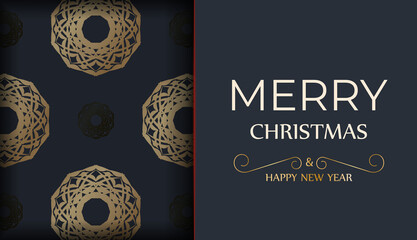 Merry christmas card in dark blue color with vintage gold pattern