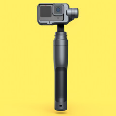 Photo and video lightweight black action camera with steadicam on yellow
