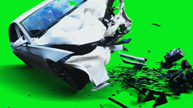 white generic 3d car crashes into invisible wall. Car accident concept. Green screen 4k animation.