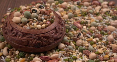 Assorted different types of beans and cereals grains. Set of indispensable sources of protein for a healthy lifestyle. Everyday use at Indian households.