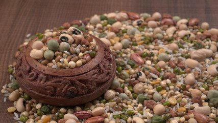Assorted different types of beans and cereals grains. Set of indispensable sources of protein for a healthy lifestyle. Everyday use at Indian households.