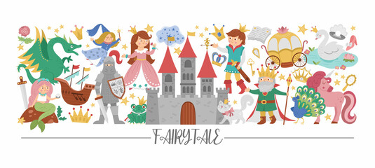 Fototapety  Vector horizontal border set with cute fairy tale characters and objects. Fairytale card template design with princess and prince. Cute fantasy castle or kingdom border with magic elements.