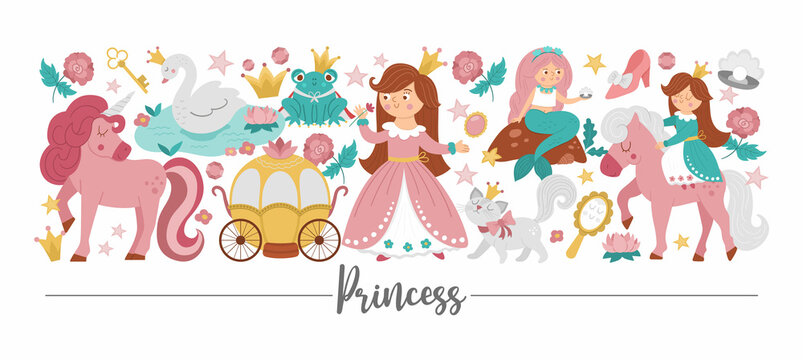 Vector horizontal border set with cute fantasy princess, unicorn and fairytale elements. Medieval fairy tale card template design with cute magic characters. Funny magic storybook border .