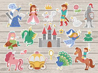 Fairy tale character stickers collection. Big vector sticker pack with fantasy princess, prince, witch, knight, unicorn, dragon. Medieval fairytale castle patches pack. Cartoon magic icons. © Lexi Claus